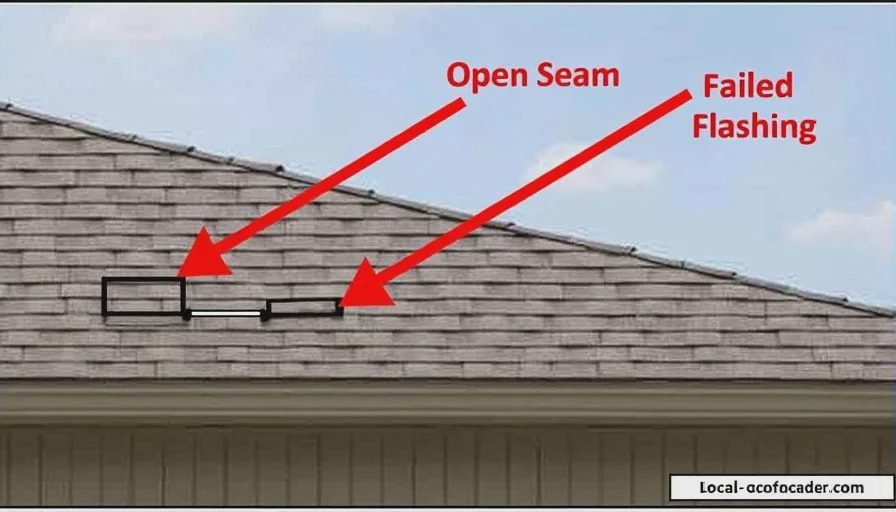 Annotated roof inspection photo with defects marked.