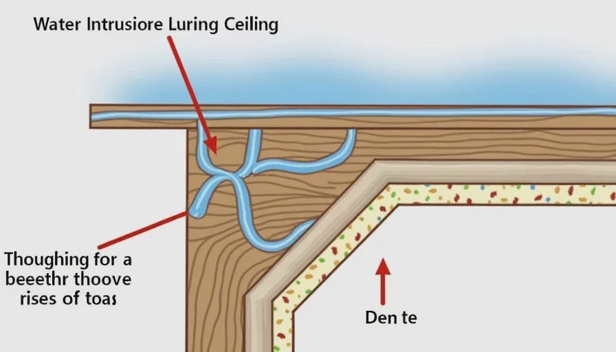 Flat roof leak path from roof to ceiling stain.