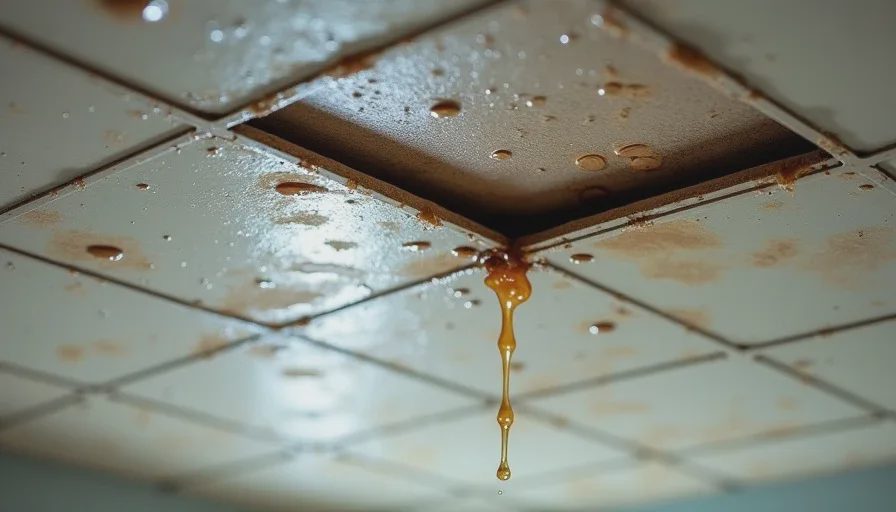 Sagging ceiling tile from trapped roof water.