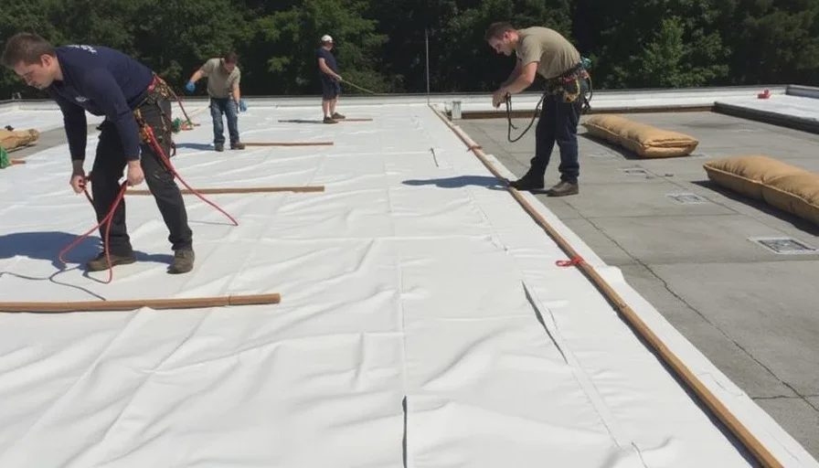 Emergency tarping installation on commercial roof.