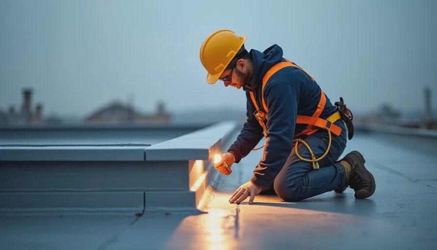 Inspecting parapet wall flashing on a commercial roof.