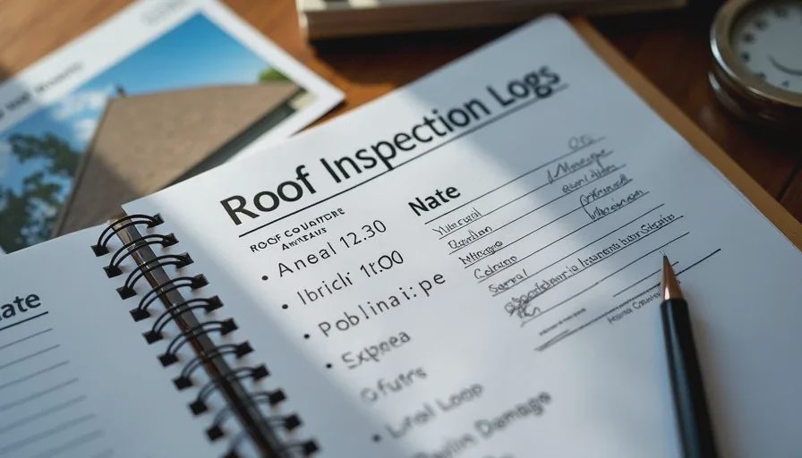 Handwritten roof inspection log and photos.