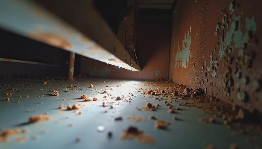 Rust stains on deck underside from wet insulation.