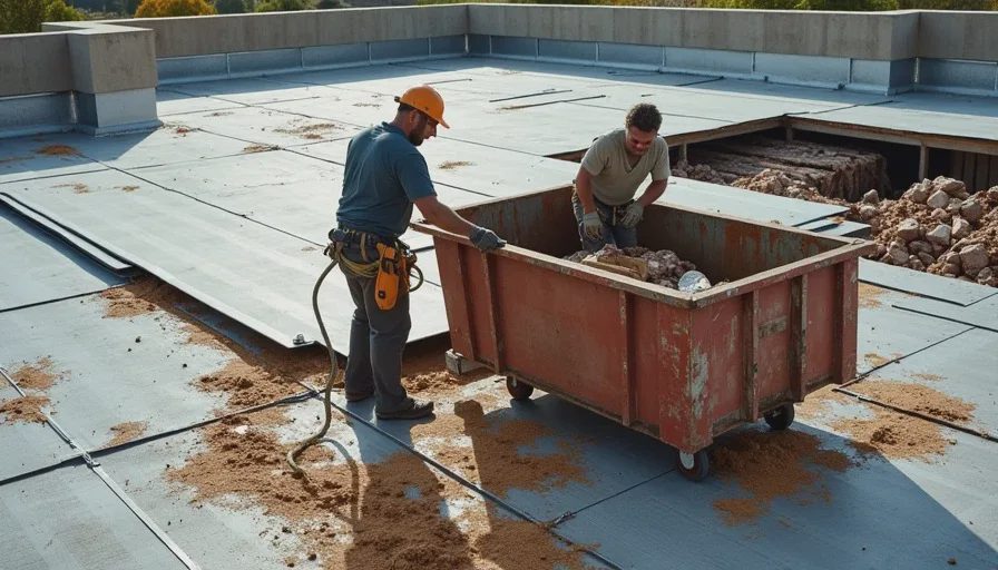 Full roof replacement tear-off in progress.