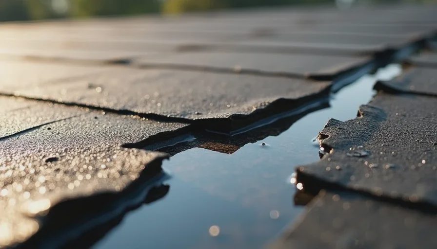 Worn EPDM roof membrane with seam failure.